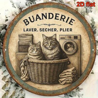 1pc 8*8 Inch Round French Sign Plaque, Vintage "Laundry Room Kitty" Decor, Cat Laundry Room Theme Decor, Suitable For Laundry Room, Bathroom, Kitchen, Bedroom, Living Room, Study. (Random Hole Position)