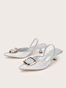 女士金属扣尖头高跟鞋，春夏款 - 銀色 - 查看 5