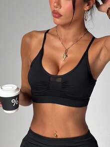 Soutien-gorge de sport en tricot à bretelles réglables, avec rembourrage amovible et patchwork en maille, de couleur unie pour femmes - Noir - Voir 3