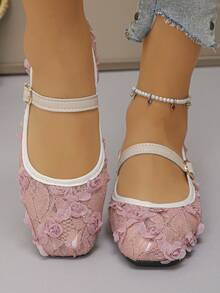 Women's Spring/Summer New Flat Shoes, Solid Color Fashion Commuter Elegant Mesh Splice Breathable Black Round Mesh Mary Jane Shoes, Outdoor Spring/Autumn New Simple Versatile Comfortable Slip-On Shoes, Comfortable Women's Shoes, Ballet Shoes, Elegant Square Toe Shoes, Mother's Day Gift - Pink Floral Patterned Mesh - 3D Pink Flowers - View 5