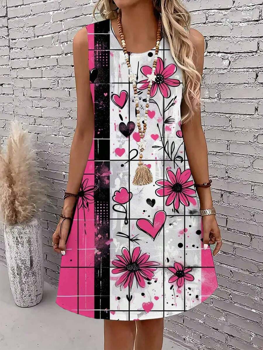 Floral And Heart Print Sleeveless Dress Women Round Neck Casual Comfortable Summer Outfit Streetwear Fashion Dress - Nhiều màu - Xem 1
