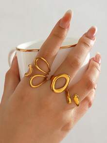 3pcs Stainless Steel Water Drop & Oval Ring Set, Suitable For Women's Daily, Party Wear, Holiday Gift - Gold - View 7