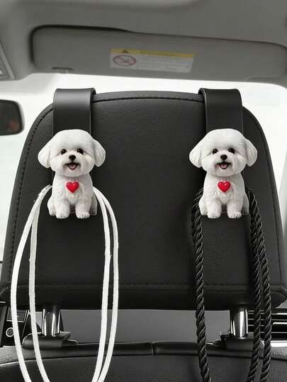 1pc/2pcs/4pcs Cute White Dog Car Headrest Hooks - Universal Auto Seat Back Organizer For Bags & Bottles | Car Interior Accessories