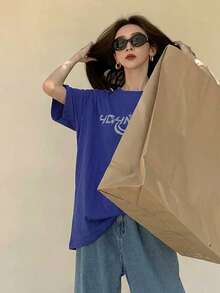Kaos Wanita Longgar dengan Motif Huruf Rhinestone dan Bahu Jatuh, Kasual Musim Panas - Navy Blue - View 3