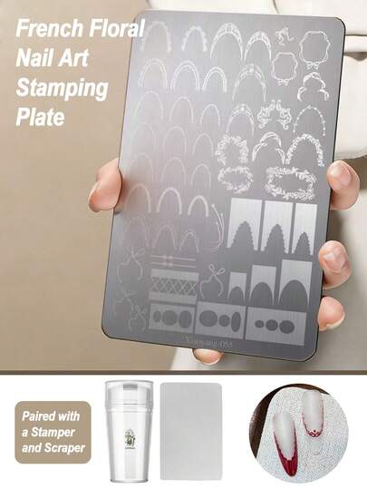 KAMUA Bộ 3 khuôn dập móng tay họa tiết hoa Pháp - Khuôn dập móng, khuôn dập móng silicon kiểu Pháp, họa tiết hoa bướm ren, họa tiết Pháp, khuôn dập silicon trong suốt, dụng cụ làm móng nghệ thuật DIY cho nữ.