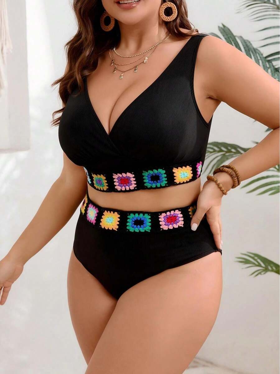 2026 New High Waisted Bikini Sets For Women Neon Two Piece Swimsuit V Neck Tummy Control Bathing Suit Drawstring Beachwear 2024 Summer - Black - View 1