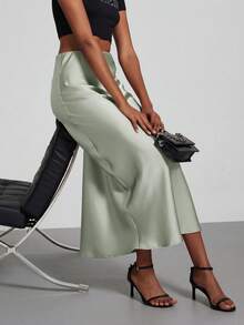 Women's Fashion All-Season Satin Elastic Waist Maxi Skirt Spring - Pine Green - View 3