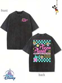 1 New Disney Cotton Washed T-Shirt, Disney Fun Toy Story Cartoon Pattern Printing, Round Neck Leisure And Comfortable Cotton Washed T-Shirt, Suitable For Sports And Daily Wear, Good Choice For Gifts, Necessary For Parties, High-Quality Clothing, Suitable For Gift - 黑色 - 查看 1