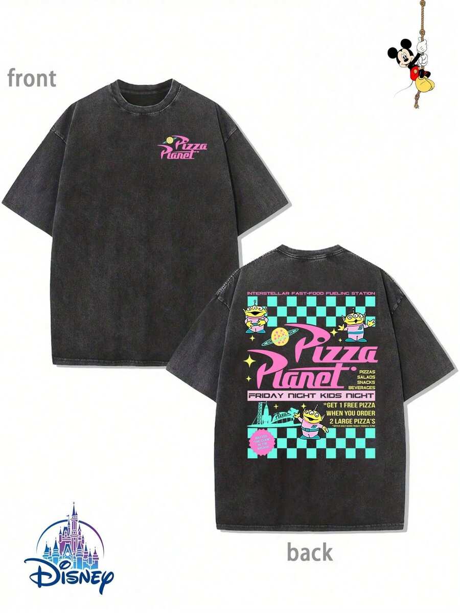 1 New Disney Cotton Washed T-Shirt, Disney Fun Toy Story Cartoon Pattern Printing, Round Neck Leisure And Comfortable Cotton Washed T-Shirt, Suitable For Sports And Daily Wear, Good Choice For Gifts, Necessary For Parties, High-Quality Clothing, Suitable For Gift - 黑色 - 查看 1