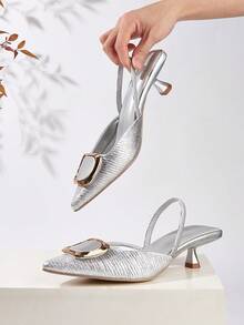 女士金属扣尖头高跟鞋，春夏款 - 銀色 - 查看 2