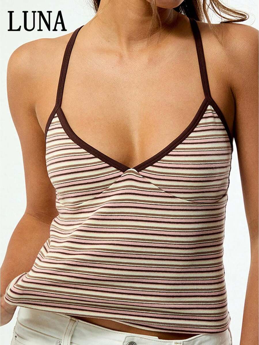 LUNA Camiseta de tirantes a rayas para mujer, chaleco deportivo, chaleco de punto elástico, capa base con escote en V profundo y tirantes finos - Marrón - Ver 1