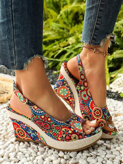 Sandalias de plataforma y cuña de paja tejida de estilo vacacional de verano en azul para mujer, zapatos de tacón alto de moda con diseño de hebilla vintage, plataformas de esparto de suela gruesa, calzado bohemio de playa para el verano