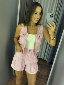 Stylish, Elegant Women's Cropped Top With Zipper And Tailored Cargo Shorts Set. Conservative/Modest. Boho Chic. Sensual. Casual. Fabric. Summer. Beach. Night. Sports. Vacation. Home. Summer. - 淺粉色 - 查看 2