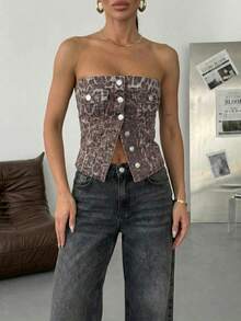 SQUALO Women's Denim Leopard Print Bandeau Crop Top Slit Hem - Brown - View 4