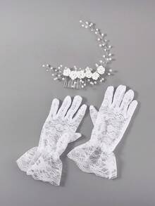 2 pièces/set Accessoires pour cheveux avec fleurs de perles et gants en dentelle pour filles - Accessoires de princesse élégants convenant pour demoiselle d'honneur, communion, concours de beauté et fête d'anniversaire, adapté pour les 3-8 ans - fourchettes à cheveux et gants - Voir 2