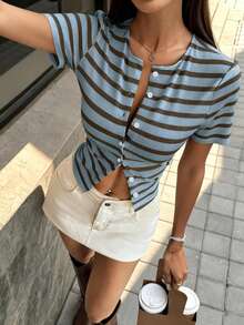 Ms. VIVINA's Spring And Summer Fashion: Simple, Color-Blocked Striped Round Neck Short-Sleeve Button-Up Casual Top For Women, Ideal For Travel, - Brown and Blue - View 1