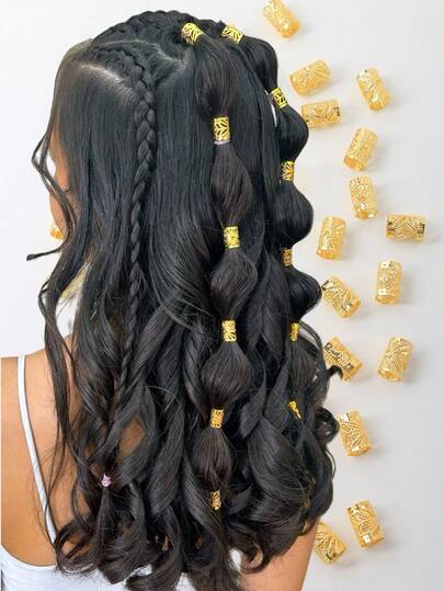 50pcs Vintage Bohemian Style Alloy Hair Rings Set - Long Tube Sun Pattern, Suitable For Women And Girls, Hollow Round Hair Accessories, Elegant Solid Color Braided Hair Decorations And DIY Hairstyles