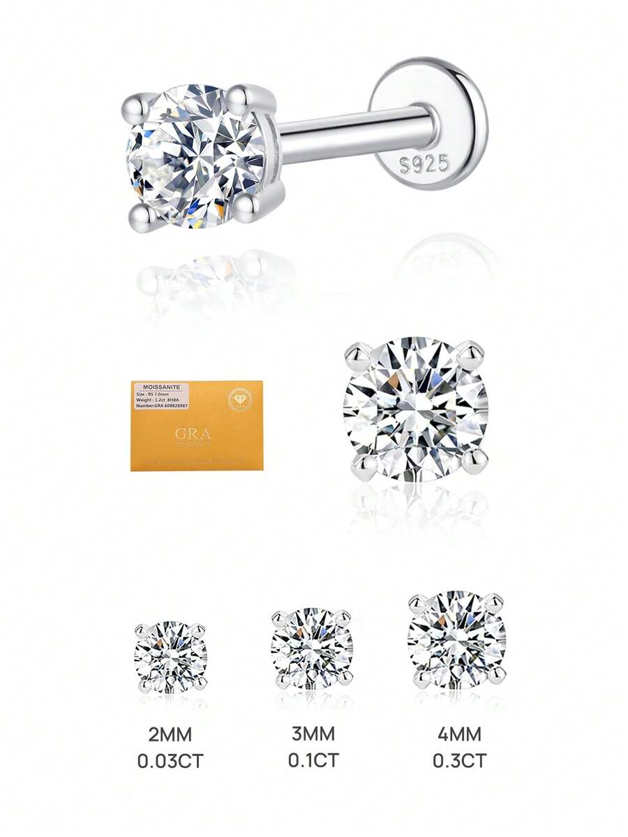 Bông tai đính đá Moissanite 0.03-0.3 carat, mạ vàng trắng 18K trên bạc sterling 925, bông tai kim cương phẳng không gây dị ứng dành cho nam và nữ, trang sức cưới. - Bạc - Xem 1