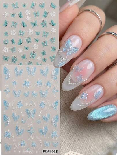 2片5D立体冰晶蓝蝴蝶美甲贴纸 - 梦幻渐变珍珠白花卉美甲贴 - 适合春夏、婚礼、毕业典礼、约会和派对，DIY优雅女士美甲装饰