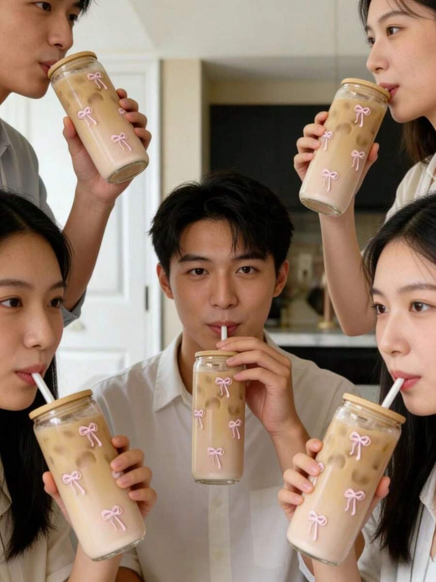 16盎司便携式蝴蝶结玻璃杯（带竹盖和吸管）| 可重复使用的旅行玻璃水瓶 | 适用于冰咖啡、果汁、汽水、茶、牛奶 | 耐用结实 | 送给亲朋好友的完美礼物（适合周年纪念、夏季补水、婚礼等场合）| 夏季活动、工作、学习和休闲的必备单品