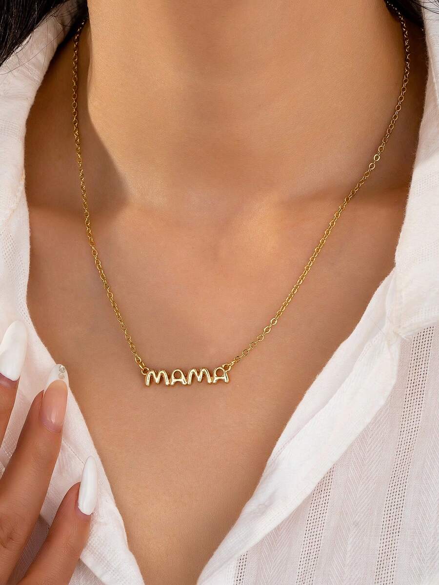 1 chiếc dây chuyền mặt chữ "Mama" tối giản, thanh lịch, thích hợp cho phụ nữ đeo hàng ngày, quà tặng Ngày của Mẹ. - Vàng - Xem 1