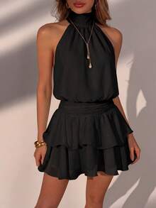 Elegant Black Spaghetti Strap Backless Layered Ruffle Hem Mini Dress - Ideal For Beach Vacation, Summer Holiday, Graduation Ceremony, Festival Events, Daily Outing Party - Black - View 3