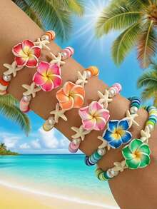 3pcs Bohemian Summer Vacation Style Soft Clay Flower Shell Braided Bracelet - Fresh Multicolor Soft Clay Flower Adjustable 2-In-1 Bracelet And Anklet, Decorated With Imitation Pearls, Suitable For Occasions Like Valentine's Day, Mother's Day, Beach Vacation, Flower Shell Bracelet, Daily Gift - Multicolor - View 2