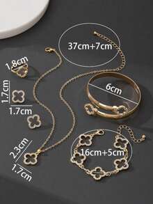 一套时尚首饰，包括：一条镂空四叶草吊坠项链、一副耳环、一枚戒指、一条手链、一个手镯，奢华优雅设计，夏季饰品 - 金色 - 查看 5
