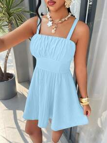 Amarilo 女士休闲度假纯色无袖A字连衣裙，配有可调节肩带，简约时尚，后背弹性设计，是海滩度假、优雅派对和夏季活动的完美之选。 - 藍色 - 查看 6