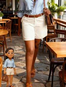 Summer Solid Color Minimalist Slant Pocket Shorts, Suitable For Teachers Back To School White - 棕色 - 查看 7