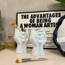 1/2pcs Face-Shaped Plastic Pen Holder, Cute Half-Body Female Head Design Storage Box, Flower Pot Pen Holder, Makeup Brush Organizer - Multicolor - View 3