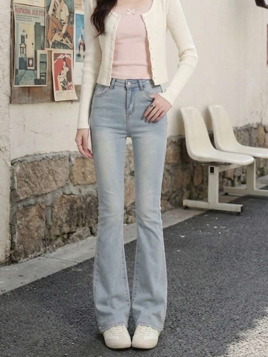 YEAE 女款復古藍色高腰修身彈性喇叭牛仔褲 休閒秋季款 - 淺色水洗藍 - 查看 1