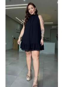 Sleeveless Short Chiffon Dress With High Neck, Ruffled Hem, And Lining - Elegant, Luxurious Party Dress - màu đen - Xem 3