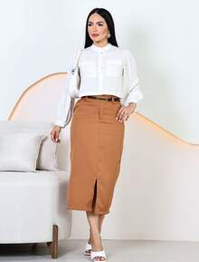 Women's Elegant Tailored Midi Skirt With Belt - 駝色 - 查看 6