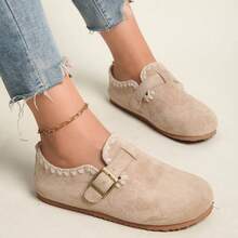 Women'Retro Round-Toe Flat Shoes With Buckle Closure, Solid Color Textured PU Upper, Cushioned Insole, Non-Slip Rubber Sole - Khaki - View 6