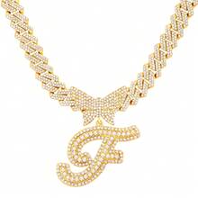 14mm Cuban Link Crystal Butterfly Letter Name Pendant Necklace, Sparkling Paved Rhinestone Cursive Letter Hip Hop Jewelry, New Arrival - Necklace - View 24