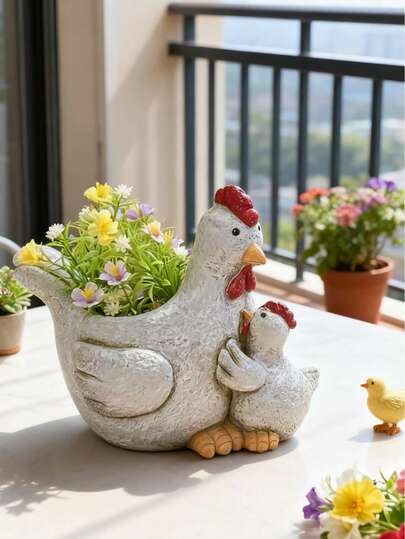 Hen And Chick Planter, Resin Chicken Shaped Flower Pot For Garden Decor, Outdoor Patio, Lawn Ornament, Succulent Planter