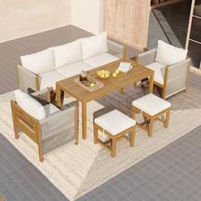 Garden Dining Set, Garden Lounge Chair Set, 6-Piece Set. Garden Furniture Including A 3-Seater Sofa, 2 Armchairs, 2 Stools, A Dining Table And A Beige Acacia Wood Tabletop. - Beige - View 2