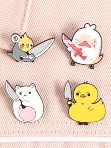 1 set Pins émail mignons d'ours, de canard, de poulet tenant un couteau. Broche en métal animaux dessin animé humoristique. Insigne de sac, de revers, cadeau pour les amis - Multicolore - Voir 2