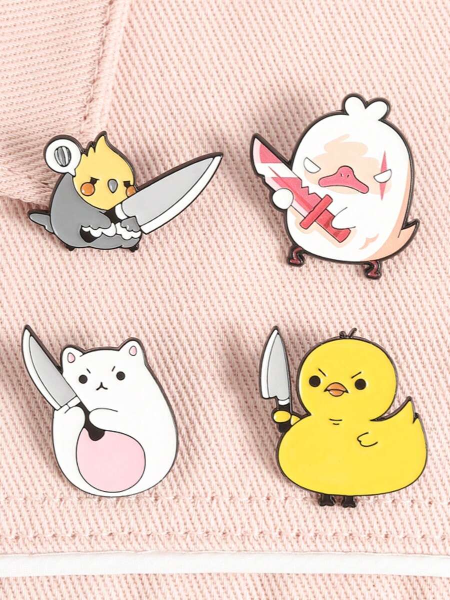 1 set Pins émail mignons d'ours, de canard, de poulet tenant un couteau. Broche en métal animaux dessin animé humoristique. Insigne de sac, de revers, cadeau pour les amis