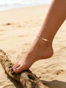 1pc Women's Bohemian Style Two-Tone Fish Anklet, Fresh Beach Vibe - Golden Yellow + Silver - View 3