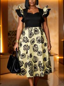 Robe élégante noire en jacquard pour femme, col en forme de cœur avec manches à volants, ourlet évasé, robe de soirée - Noir - Voir 1