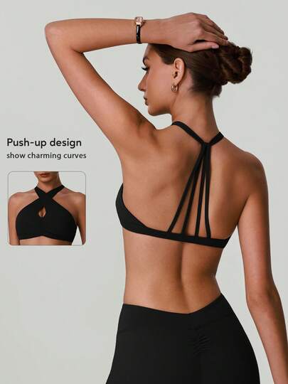 Áo ngực yoga nữ dây chéo cổ yếm, thiết kế khoét hình giọt nước, không lưng, chống sốc, nâng đỡ, thích hợp cho tập luyện thể dục, chạy bộ và tập thể thao.