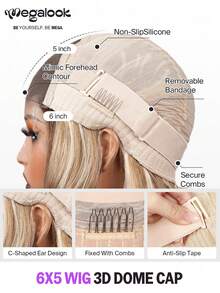 MEGALOOK 6英寸x5英寸蕾丝闭合渐变金色波浪真人发假发，透明蕾丝预漂白发结，自然发际线，无需胶水，女士真人发波波头假发，10-14英寸，180%密度 - S4/613 - 查看 9