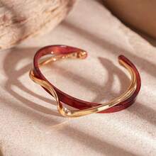 Gold Tone White Marble Pattern Layered Cuff Bracelet, Minimalist Wave Design Open Bangle, Fashion Statement Jewelry For Women Daily Wear - 藏蓝色 - 查看 10