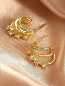Cubic Zirconia Decor Stud Earrings - 黃金2 - 查看 4