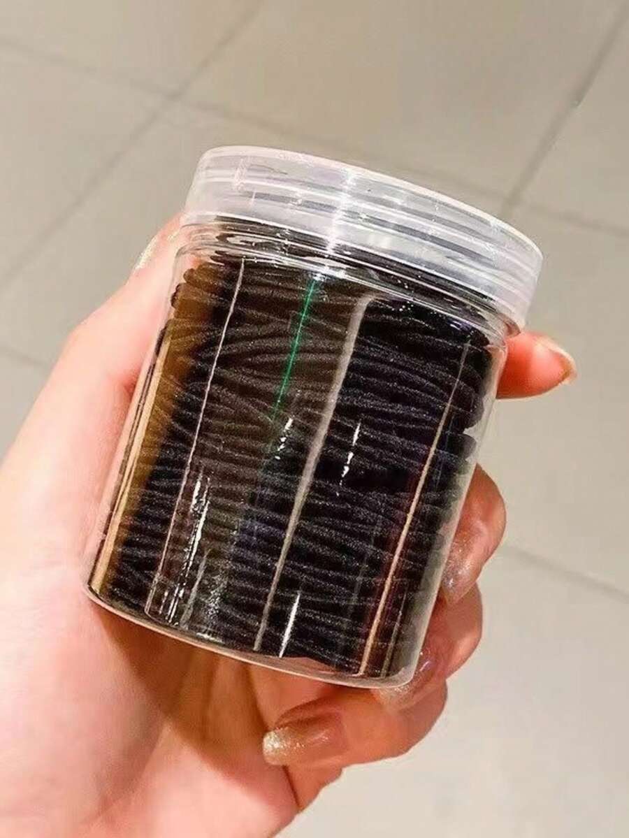 100pcs/Set Canned Black Rubber Bands Hair Ties - Black - View 1