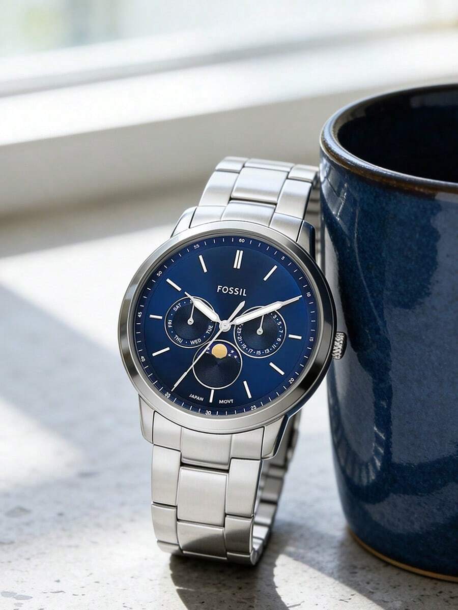 Fossil Đồng hồ đeo tay unisex bằng thép không gỉ, máy quartz, hiển thị chu kỳ mặt trăng, mặt số đen với 3 mặt số phụ, phù hợp để đeo hàng ngày và trong nhiều dịp khác nhau. FS5906 - Màu xanh lam - Xem 1