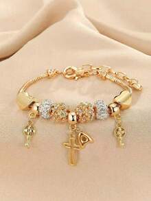 1pc 26 Letter, Heart, Cross, Flower Beaded Bracelet, Fashionable Youth Keychain, Cross Pendant Bracelet - Multicolor - View 1