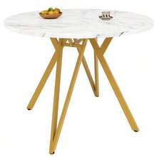 Dining Table Set (5 Pieces), Dining Table Set With 4 Chairs, Modern Kitchen Dining Table Set, 100cm Diameter Round Kitchen Table With Gold Metal Legs, MDF Tabletop With Marble Effect, Grey Dining Chairs - Gold - View 8